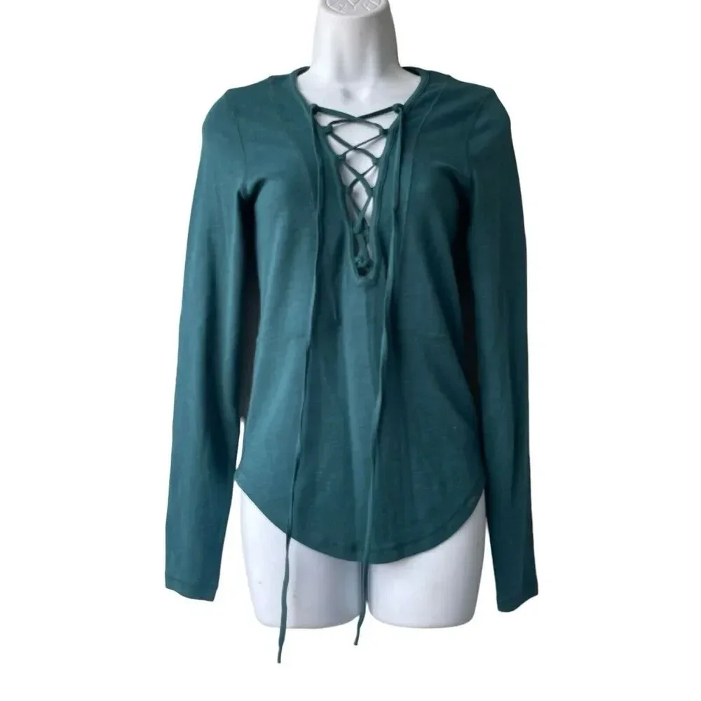 Free People Top Lucky Lace Up Layering Henley Blouse Small Teal